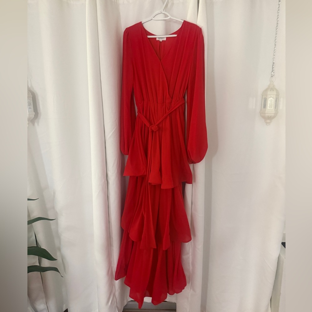 Elegant Red Long Sleeve Ruffle Maxi Dress - Picture 12 of 13